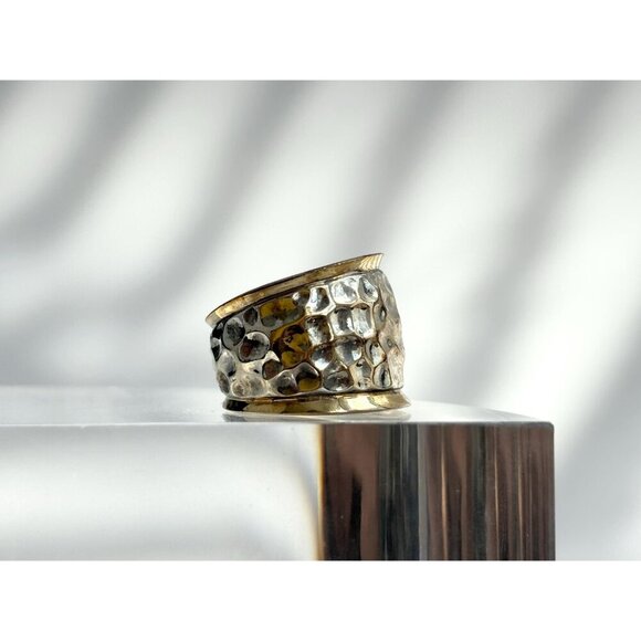 Hammered Dual Sterling Silver & Gold Toned Chunky Cigar 925 Vintage Ring sz 5.75 - Picture 2 of 10
